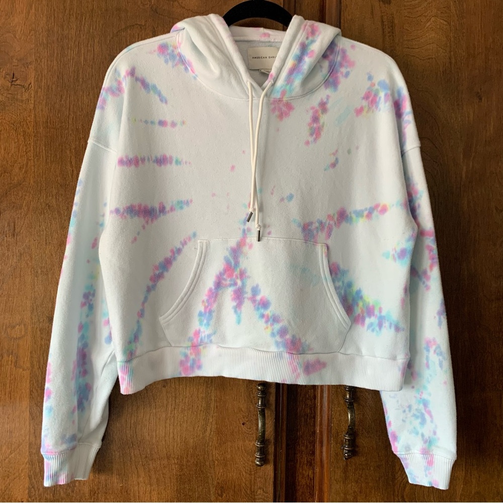 Tie-Dye Cropped Hoodie Sweatshirt - Pastel Pink & Blue